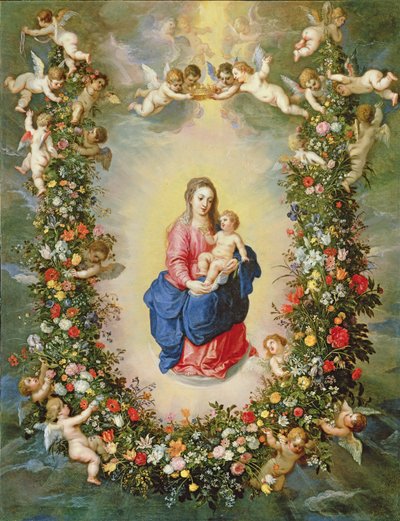 The Virgin and Child encircled by a garland of flowers held aloft by cherubs, c.1624 by Jan and Balen, Hendrik van Brueghel