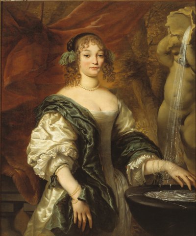 Portrait of a young lady at a fountain by Jan de Baen
