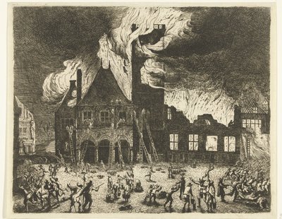 The old Townhall of Amsterdam on fire by Jan de Baen