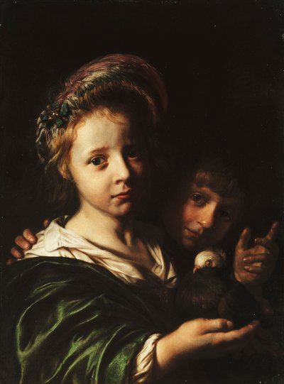 A Girl Holding a Pigeon and a Boy Gesturing by Jan de Bray