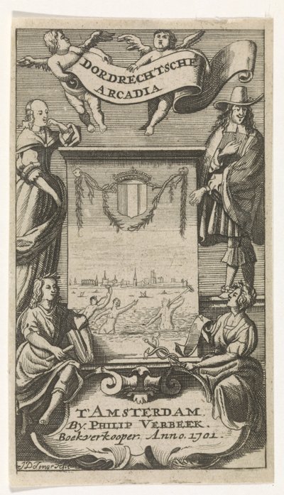Four Figures Around Frame with View of Dordrecht (Title Page for: Dordrechtsche Arcadia, 1701) by Jan de Jonge
