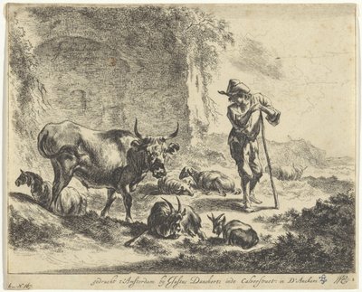 Shepherd Resting on His Staff by a Ruin (series title: Landscapes with Shepherds and Cattle) by Jan de Visscher