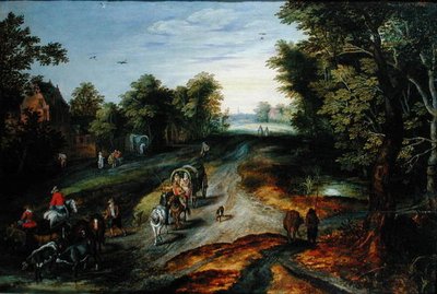 Landscape with a Village Road by Jan studio of Brueghel