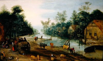 A Wooded River Landscape in Summer with Travellers Arriving at an Inn by Jan the Elder (circle of) Brueghel