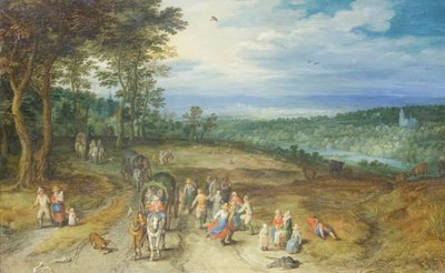 Landscape with travellers and peasants on a track by Jan the Elder Brueghel