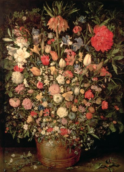 Large bouquet of flowers in a wooden tub by Jan the Elder Brueghel