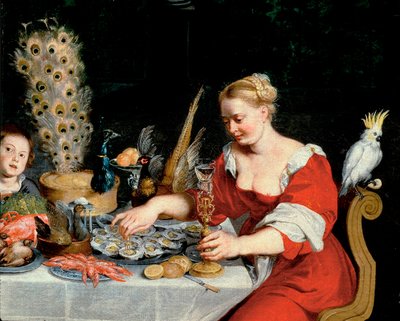 Woman eating oysters (detail) by Jan the Elder Brueghel