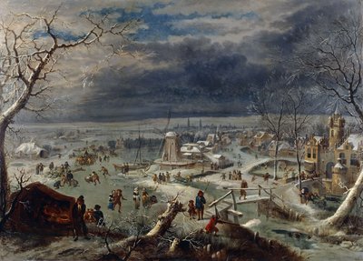 A Winter Landscape with Skaters on a Frozen Waterway by a Village, a Hunter in the Foreground, Antwerp Beyond by Jan the Elder Griffier