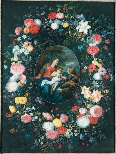 The Mystic Marriage of St. Catherine in a Landscape, surrounded by a Garland of Flowers by Jan Brueghel the Younger