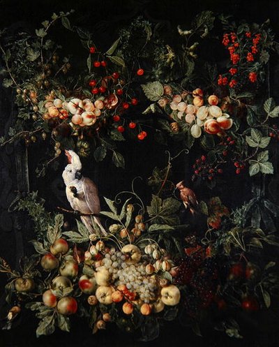 Swags of fruit with flowers round a cartouche with a sulphur crested cockatoo by Jan van (attr. to) Kessel