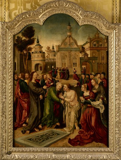 The Raising of Lazarus (central panel of an altar piece) by Jan van (circle of) Scorel