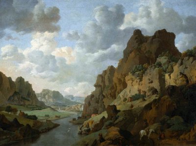 Rocky landscape with resting travelers by Jan van Aken