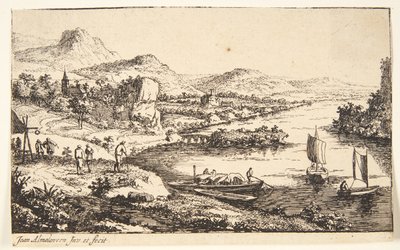 River Landscape with Travelers, a Barge, and Two Sailing Boats by Jan van Almeloveen