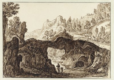 Rocky Mountain Landscape with Two Travelers in the Foreground by Jan van Almeloveen