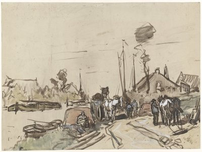 Unloading Carts by a Canal by Jan van Essen