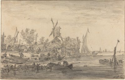 Foreshore Scene with Windmill by Jan van Goyen