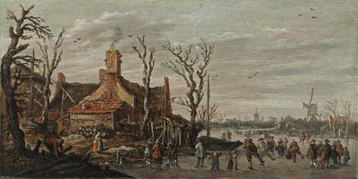 Winter Landscape with Figures on the Ice near a Cottage by Jan van Goyen