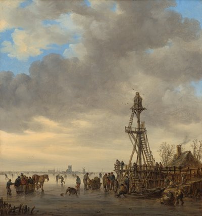 Winter Landscape with Frozen Lake, Skaters and Wooden Observation Tower by Jan van Goyen