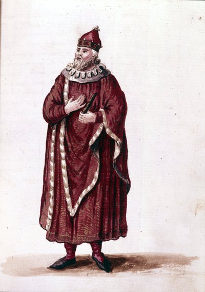 A doge in the 11th century. Watercolour drawing and ink from the manuscript “Customs of the Venitians” by Jan van Grevenbroeck (or Giovanni Grevembroch) (1731-1807) by Jan van Grevenbroeck