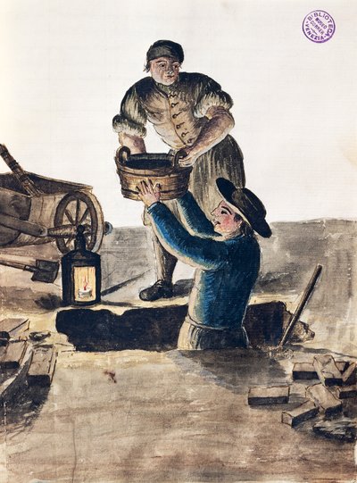 Cleaning public sewer, illustration from Illustrated book of Venetian costumes by Jan van Grevenbroeck