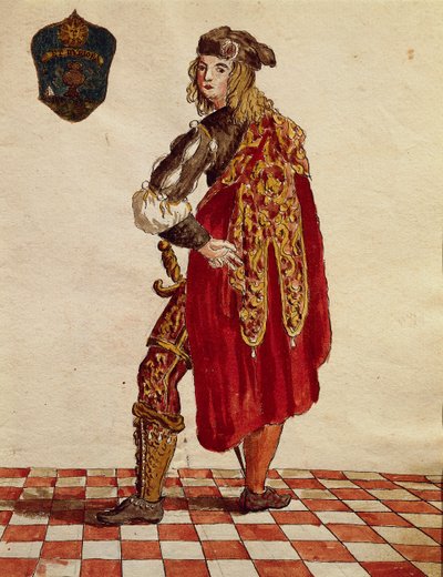 Suit of knight of Confraternity de la Calza (Stocking) in 1564, from illustrated book of costumes by Jan van Grevenbroeck