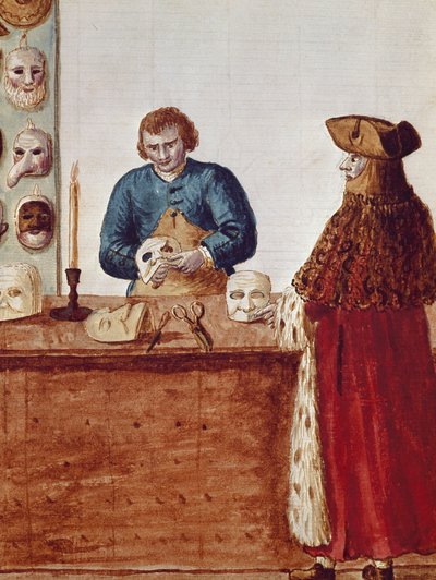 The masks shop of the Venice Carnival: a masked character comes to pick up a mask from the craftsman by Jan van Grevenbroeck