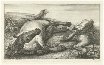 Two Fallen Horses, the Left One Seen from the Front (series title: Fallen Horses) by Jan van Huchtenburg