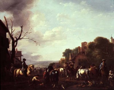 Horsemen and Travellers Halted in a Village by Jan van Huchtenburgh