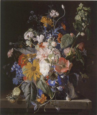 Flower Still Life and Snails on a Stone Ledge by Jan van Huysum