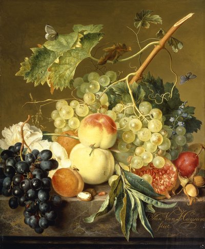 Fruit, Hazelnuts and Hollyhocks on a Marble Ledge by Jan van Huysum