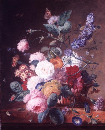Roses, Dahlia, Delphinium and other Flowers in a Basket on a Marble Ledge by Jan van Huysum