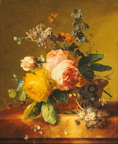 Roses and other Flowers in a Basket on a Marble Ledge by Jan van Huysum