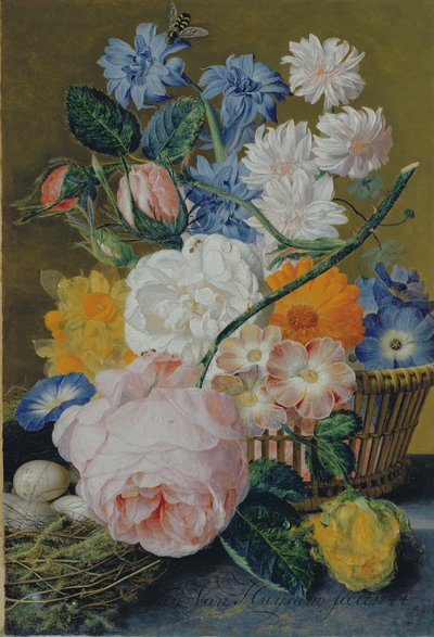 Roses, morning glory, narcissi, aster and other flowers in a basket, with eggs in a nest on a marble ledge by Jan van Huysum