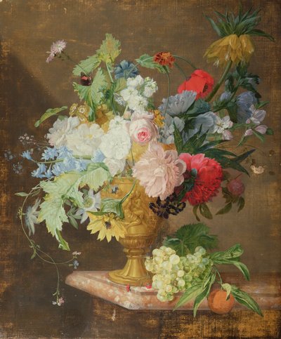 Still Life of Flowers in a Golden Vase on a Marble Ledge by Jan van Huysum