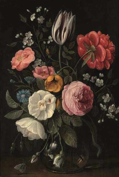 Roses, a tulip, a peony, a cherry blossom and a centaurium in a glass vase on a ledge by Jan van Kessel