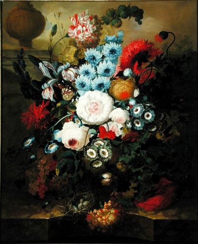 Carnations, Morning Glory, Roses, Auriculas, Hyacinth and Other Flowers with a Birds Nest on a Marble Ledge by Jan van Os