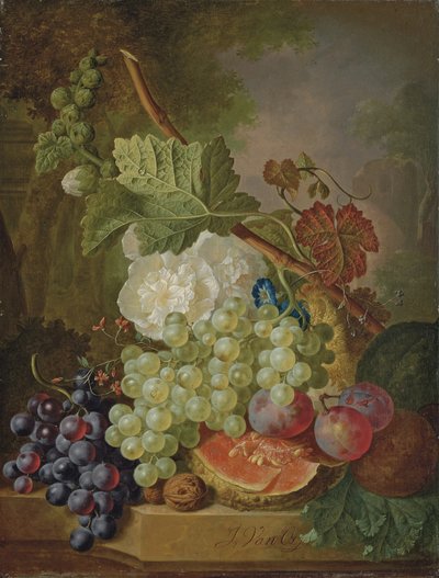Flowers, Grapes, Plums, Walnuts and a Melon on a Stone Ledge by Jan van Os