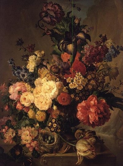 Flowers on a Ledge by a Waterfall by Jan van Os