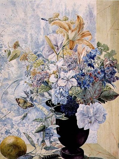 Vase of mixed flowers in a window by Jan van Os