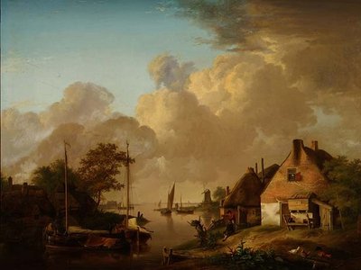 River Landscape with Village, Barges and Peasants by Jan van Os