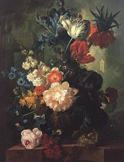 Roses, Tulips, Carnations and Other Flowers in a Sculptured Urn by Jan van Os