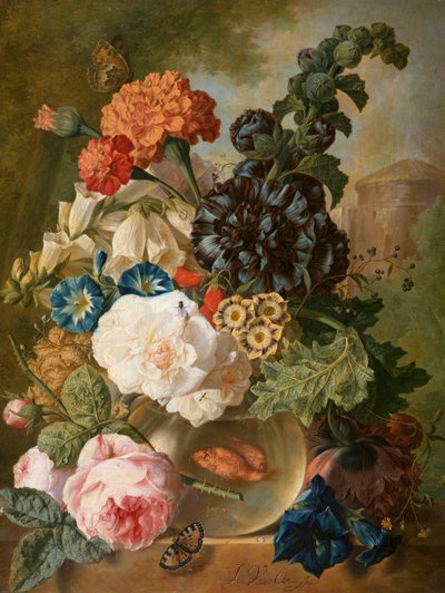 Roses, Chrysanthemums, Peonies and Other Flowers in a Glass Vase with Goldfish on a Stone Ledge by Jan van Os