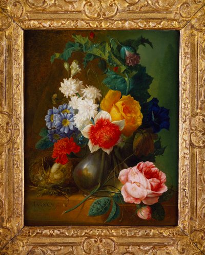 Roses, poppies, morning glory and other flowers in a vase with a bird