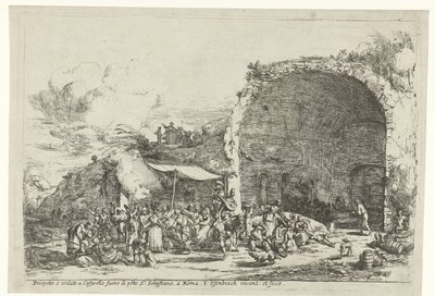 Festivities at the Ruins of the Cave of the Nymph Egeria, Prospetto e veduto a Cafarelle fuoro di porte S. Sebastiano, a Roma (title on object) by Jan van Ossenbeeck