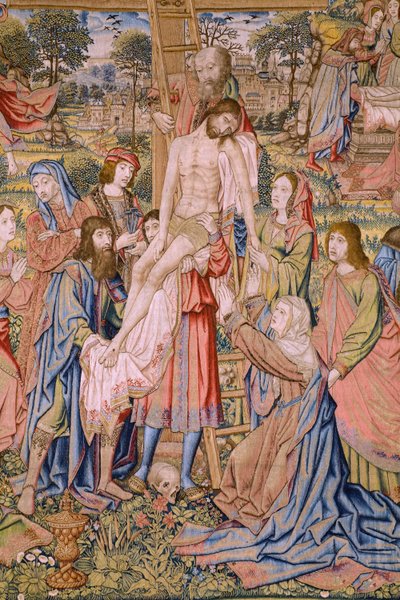 Flemish tapestry. Series The passion of Christ: Descent from the cross. Detail. by Jan van Roome