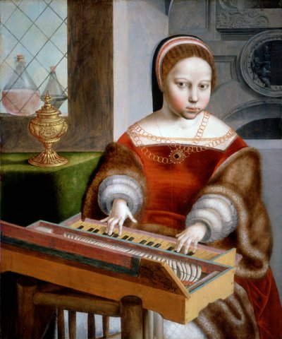 Young Woman Playing a Clavichord by Jan van Sanders workshop of Hemessen