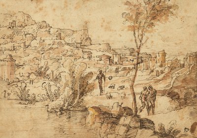 Landscape with Shepherds by a River and a Town Beyond; Figure Studies and Roman Ruins by Jan van Scorel