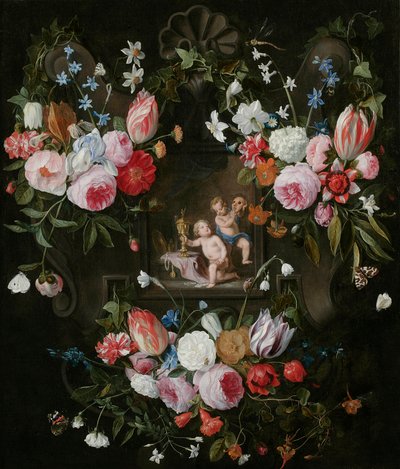 A Cartouche Still Life of Flowers Around an Allegorical Image of Putti with Costly Objects and a Mask, 1648 by Jan van and Balen, Hendrik van Kessel