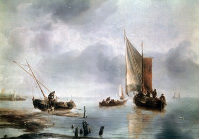 A small vessel in light airs, and another ashore, ca 1650-1660, by Jan van de Cappelle by Jan van de Capelle or Cappelle