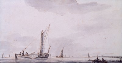 Fishermen and Sailing Boats on an Estuary in a Calm by Jan van de Capelle or Cappelle